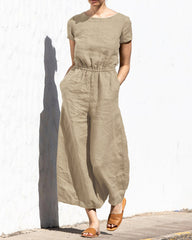 Solid Color Short Sleeve Round-neck Cotton Linen Wide Leg Jumpsuit