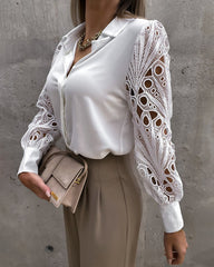 Elegant Lace V-NeckShirt Solid Color Hollow Out Long Sleeve Patchwork Blouse