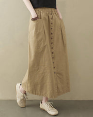 Casual High Waist Flared A-line Skirt Pleated Midi Skirt with Pocket