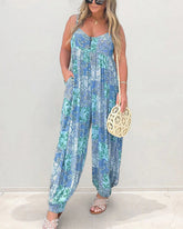 V Neck Street Daily Retro Printed Loose Fit Sleeveless Jumpsuits