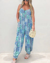 V Neck Street Daily Retro Printed Loose Fit Sleeveless Jumpsuits