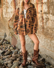 Retro Pattern Lapel Long Sleeve Plush Jacket