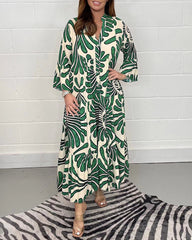 Printed Shirt Dresses V-Neck Three Quarter Sleeves Midi Dress