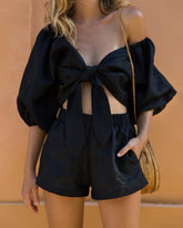 Solid Color Mid-Sleeve V-Neck Tie Front Crop Top and Elastic Shorts Set