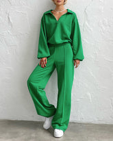 Casual Two-Piece Set V-neck Fleece Sweatshirt High-waisted Wide-leg Pants