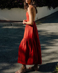 Tiered Low Back Sundress Solid Strap Big Swing Backless Maxi Dress