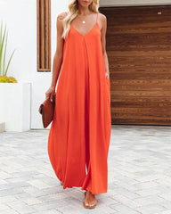 Summer Solid Color V Neck Suspenders Wrapped Wide Leg Long Rompers Pant Jumpsuits