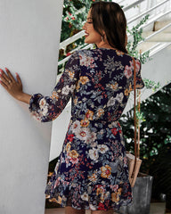 V-neck Long-sleeved Chiffon Print Dress