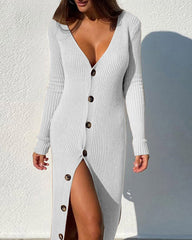 Knit Thread Button Long Sleeve Cardigan Dress