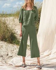 Solid Color Mid Sleeve Shirt & Cropped Pants Two Piece Set