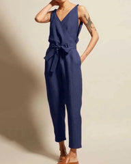 Sleeveless Backless Striped Jumpsuit Loose Trouser Suit Romper with Belt