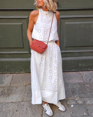 Two Piece Outfits Hollow out Embroidery Hanging Neck Top+High Waist Skirt Sets