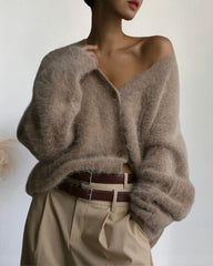 Fuzzy V Neck Loose Cardigan Sweater