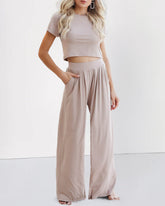 Two Piece Outfit Short Sleeve Crop Top and Wide Leg Pant Set
