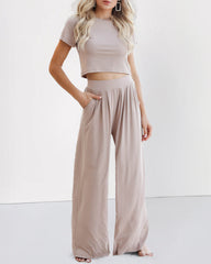 Two Piece Outfit Short Sleeve Crop Top and Wide Leg Pant Set