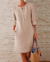 Solid Color Pockets Round Neck Long Sleeve Buttons Dress