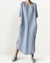 Loose O-Neck Casual Baggy Pockets Short Sleeve Split Long Dress