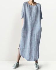 Loose O-Neck Casual Baggy Pockets Short Sleeve Split Long Dress