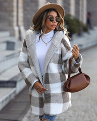 Hooded Loose Plaid Bubble Fleece Cardigan Jacket