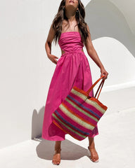 Summer Strapless Dress Off Shoulder Sexy Wrap Dress Solid Color Beach Dress