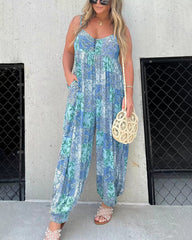 V Neck Street Daily Retro Printed Loose Fit Sleeveless Jumpsuits