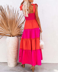 Sleeveless Elegance Suspender Dress with Splicing Wooden Ears Colorblock Maxi Dress