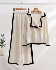 Collared Casual Comfort Knitted Set Color-Blocked Long-Sleeve Top and Pants