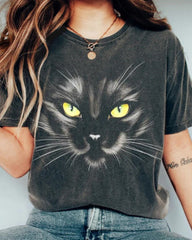 Cute Black Cat With Yellow Eyes Graphic Round Neck Casual Tee Top