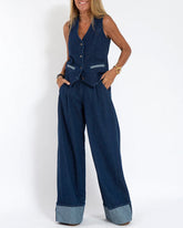 Casual Denim Two-piece Set Sleeveless Vest and Long Wide-leg Jeans Pants