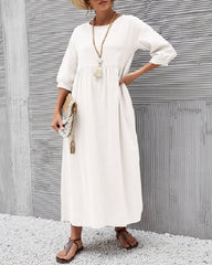 Lantern Sleeve Long Dress Solid Color Loose Crew Neck Mid Waist Dresses with Pockets