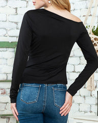 Women's One Off Shoulder Tops Asymmetrical Neck Long Sleeve Slim Wrap Tee Shirt Blouse