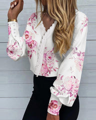 Print V Neck Lace Long Sleeves Shirt Blouse Button Loose Tunic Top