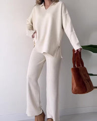 Solid Color Loose Hem Slit Two-piece Sweater Set