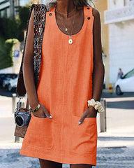 Solid Color Cotton Linen Sleeveless Loose Knee Beach Dresses