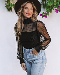 Turtle Mock Neck Polka Dot Sheer Mesh Long Sleeve Bodysuits Slim Body Suits Leotard Tops Jumpsuit