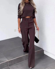 Casual Two-Piece Set Slim-Fit Half-sleeve Crop Tops and Wide-Leg Pants
