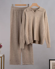 Casual Two-Pieces Outfits Lapel V Neck Sweater and Trousers Sets