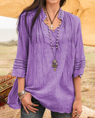 Solid V-Neck Tees Lace Splicing Fold Blouse Flowy Casual Loose Fit Shirt