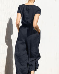 Solid Color Short Sleeve Round-neck Cotton Linen Wide Leg Jumpsuit