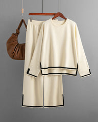 Contrast Color Two-piece Suit Casual Slit Long-sleeved Sweater High-waisted Wide-leg Trousers Pants