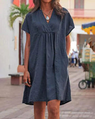 Summer V Neck Short Sleeve Babydoll Dress Casual Bohemian Dress Beach Long Sundress
