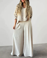 Cotton Linen Two-piece Set V Neck Bat Sleeve Tops & Wide Leg Pants