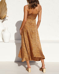 Spaghetti Strap Midi Dresses Sexy Deep V Neck Backless Floral Print Side Slit Maxi Dress