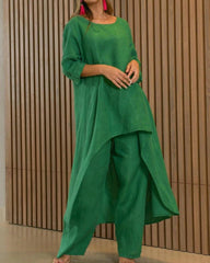 Two Piece Set Casual Retro Loose Long-sleeved Irregular Blouse and Loose Pants