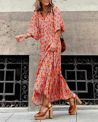 Breathable Lantern Sleeve Floral Print Long Dress Loose V-Neck Fashion Summer Beach Dress