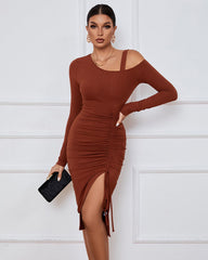 Sexy Drawstring Slit Off Shoulder Long Sleeve Dress