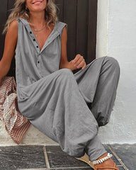 Solid Color Button Hood Sleeveless Jumpsuit
