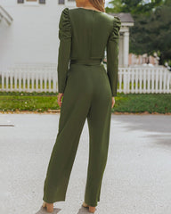 Loose V Neck Jumpsuit Long Sleeve Waist Belted Long Sleeve Wide Leg Playsuit