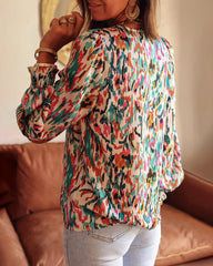 Retro Oil Painting Printed Shirt V-neck Bubble Sleeve Top