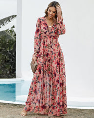 Lotus Leaf Edge V-neck Lantern Sleeve Floral Print Maxi Dresses